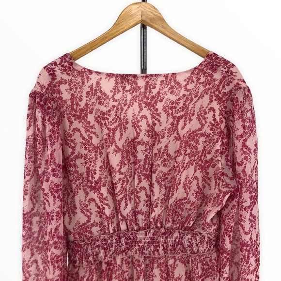 RD Style Pink Print Sheer Long Sleeve Smocked Waist Mini Dress size Large - Picture 4 of 12